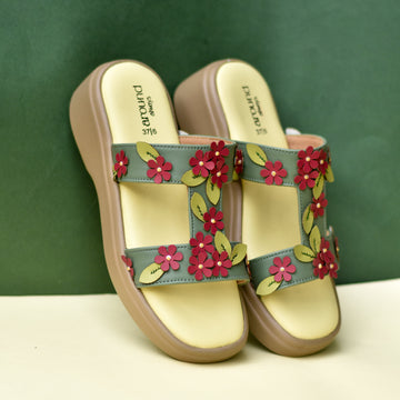 Sage green H-strap platform slide with burgundy floral appliqués