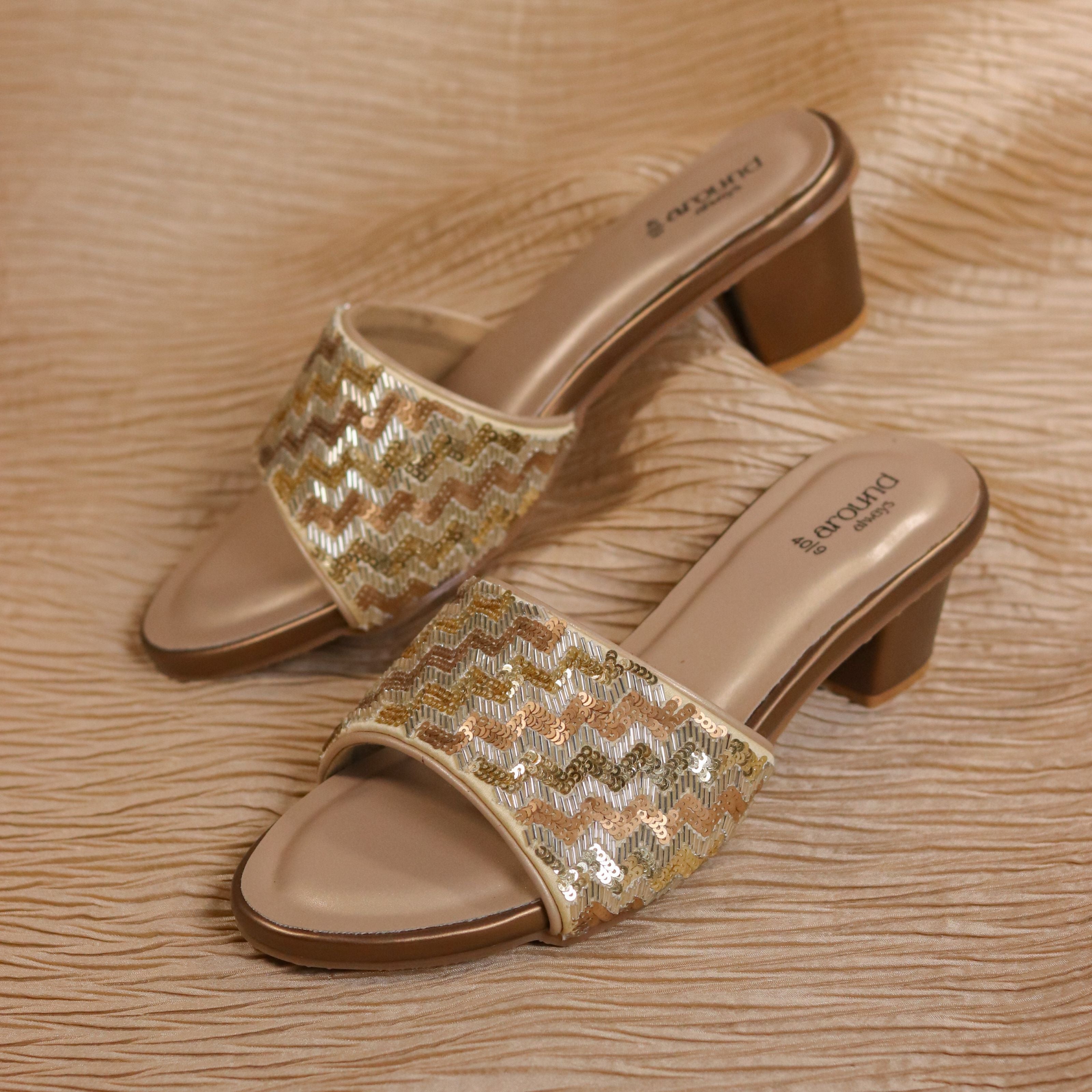 Diva Indo-western Heels Golden Beaded Sandals for Occasions