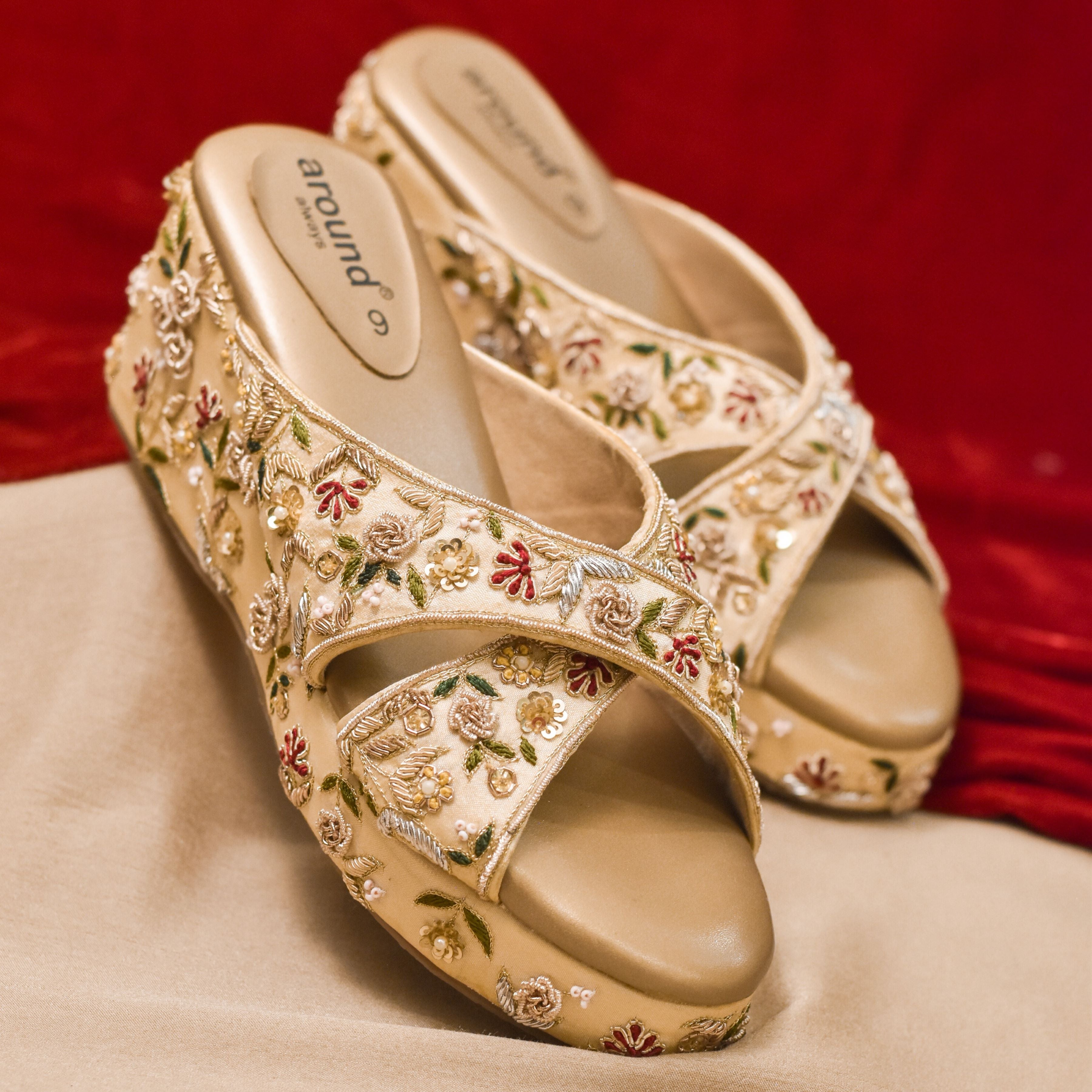 Wedge Bridal Sandals Pearl Bride (Blush GOLD Crystal Stones Heels