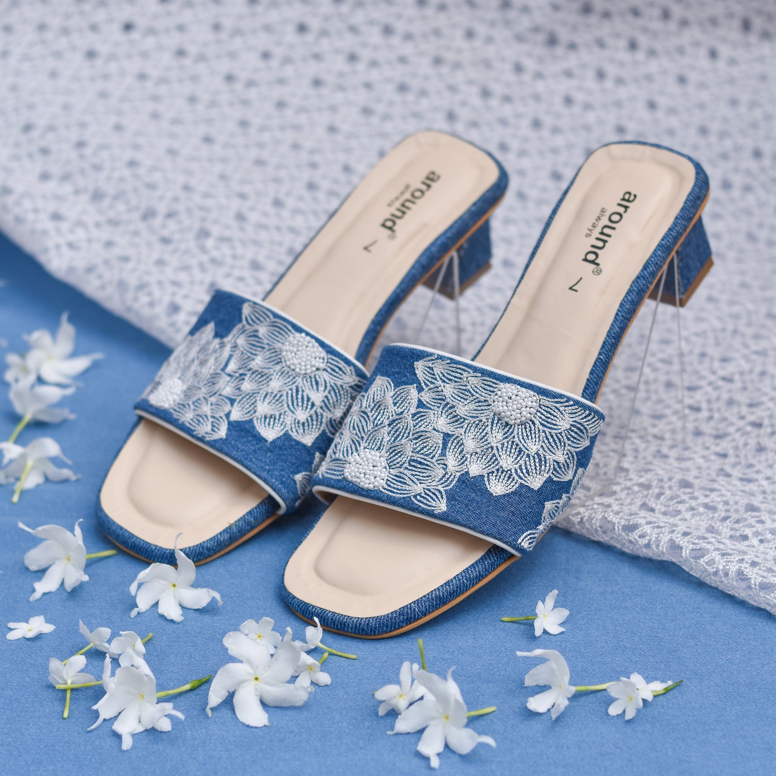 Blue Denim embroidered sandals heels from India