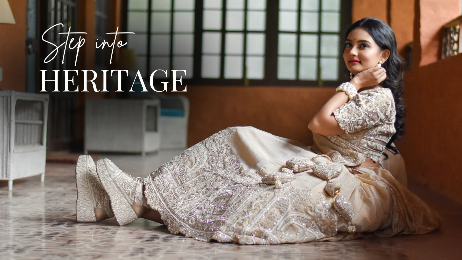 Indian bridal lehenga paired with ivory embellished sneakers for a couture bride