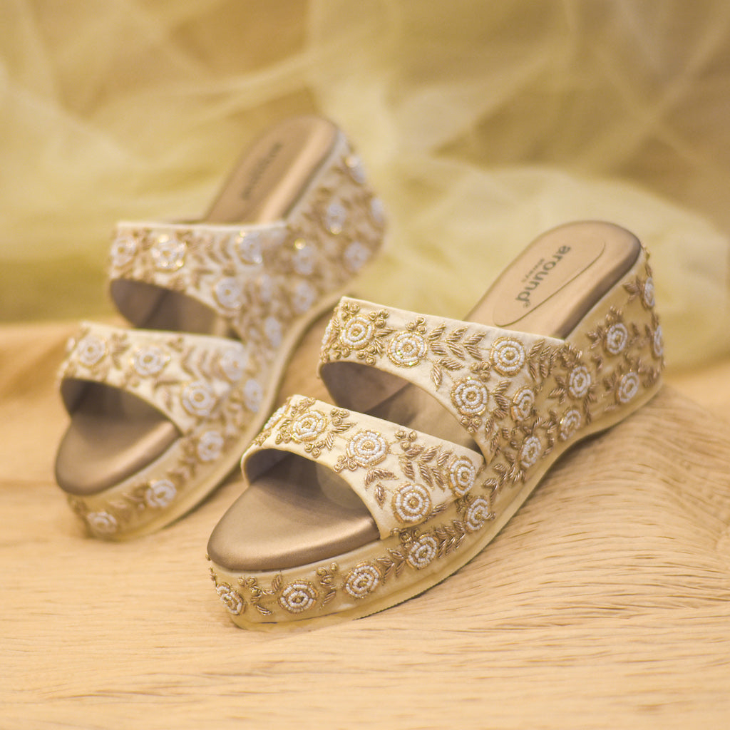 Gulshan Tone on Tone Wedges Golden Ornate Heels