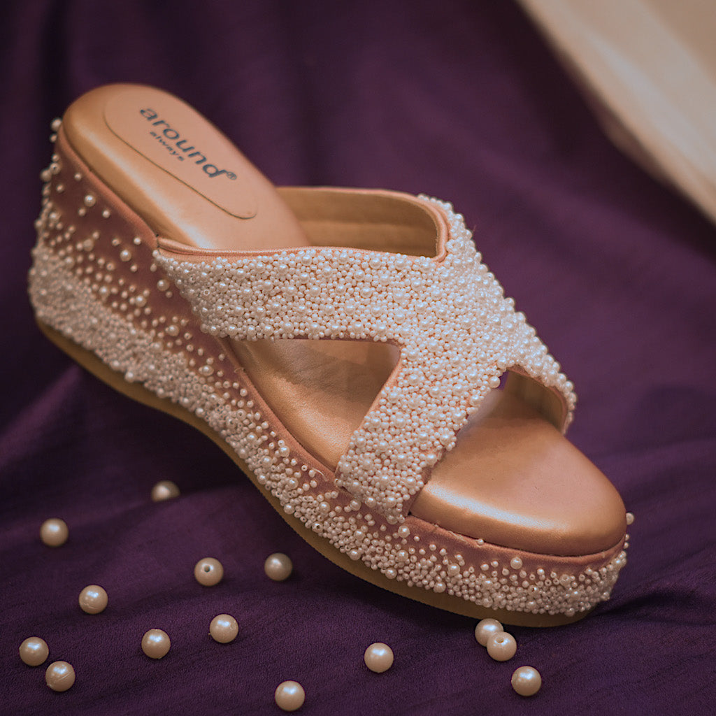 Oyster Wedges  Party Heels with Pearl Handwork – aroundalways