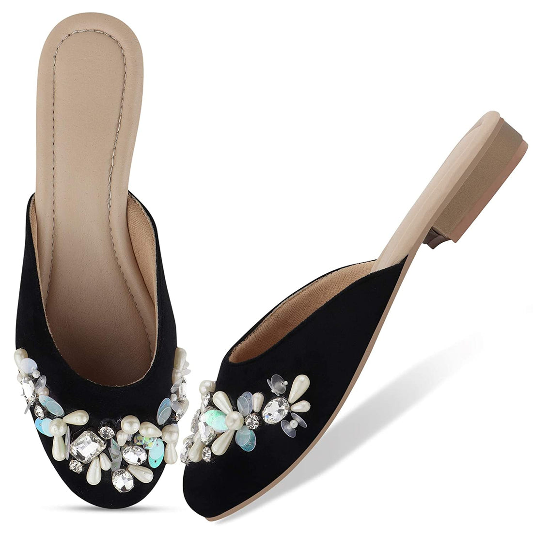 Black Mules with Stone Work