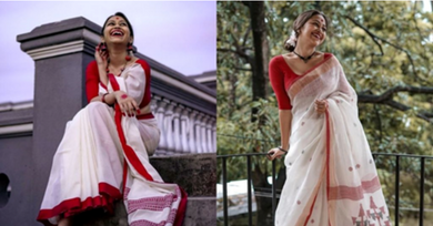 girl wearing red and white color saree