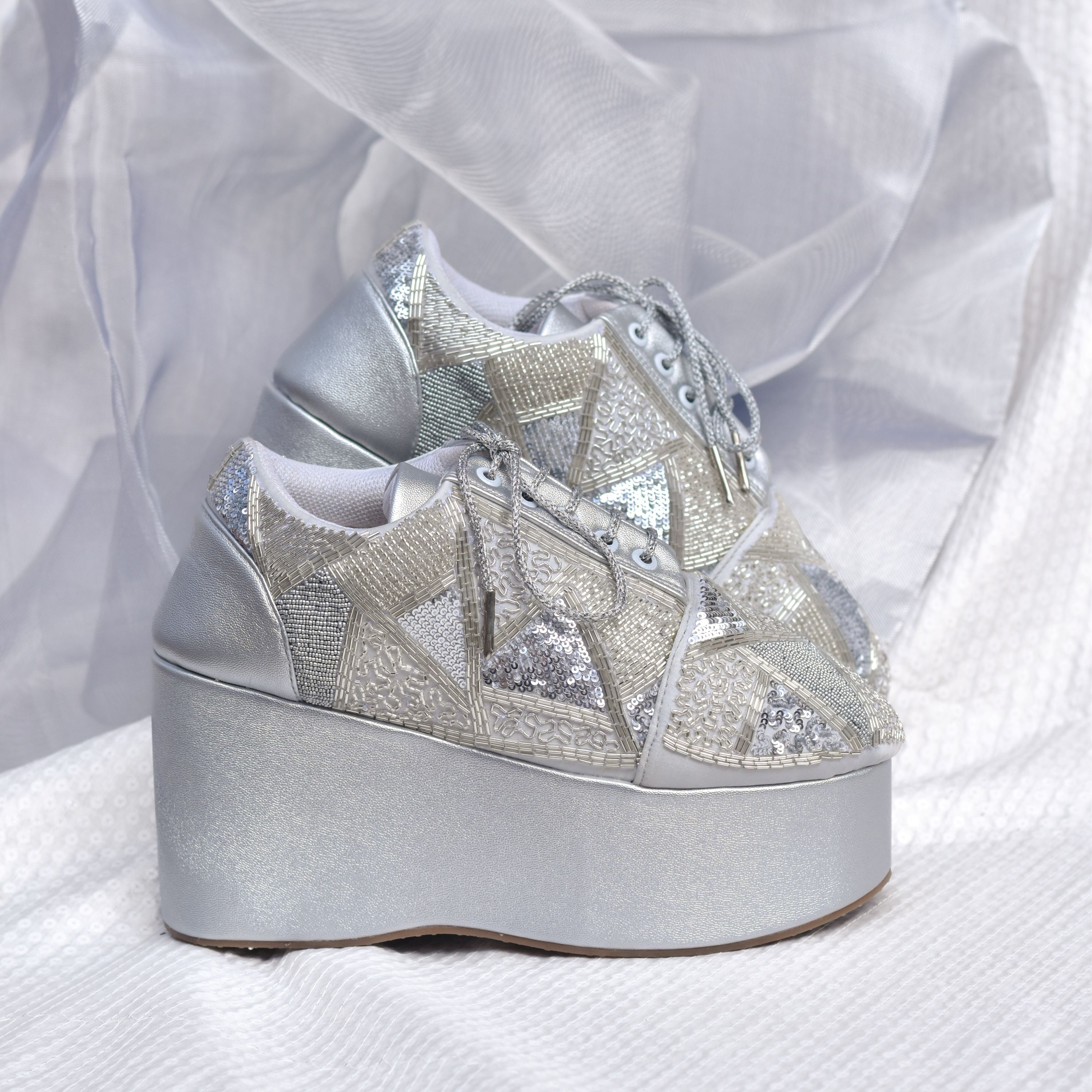 Silver embellished sneakers, wedges and heels for Indian festival, sangeet and weddings 