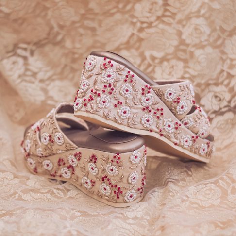 Embroidered Nude Bridal Wedges for Indian Brides with International Shipping