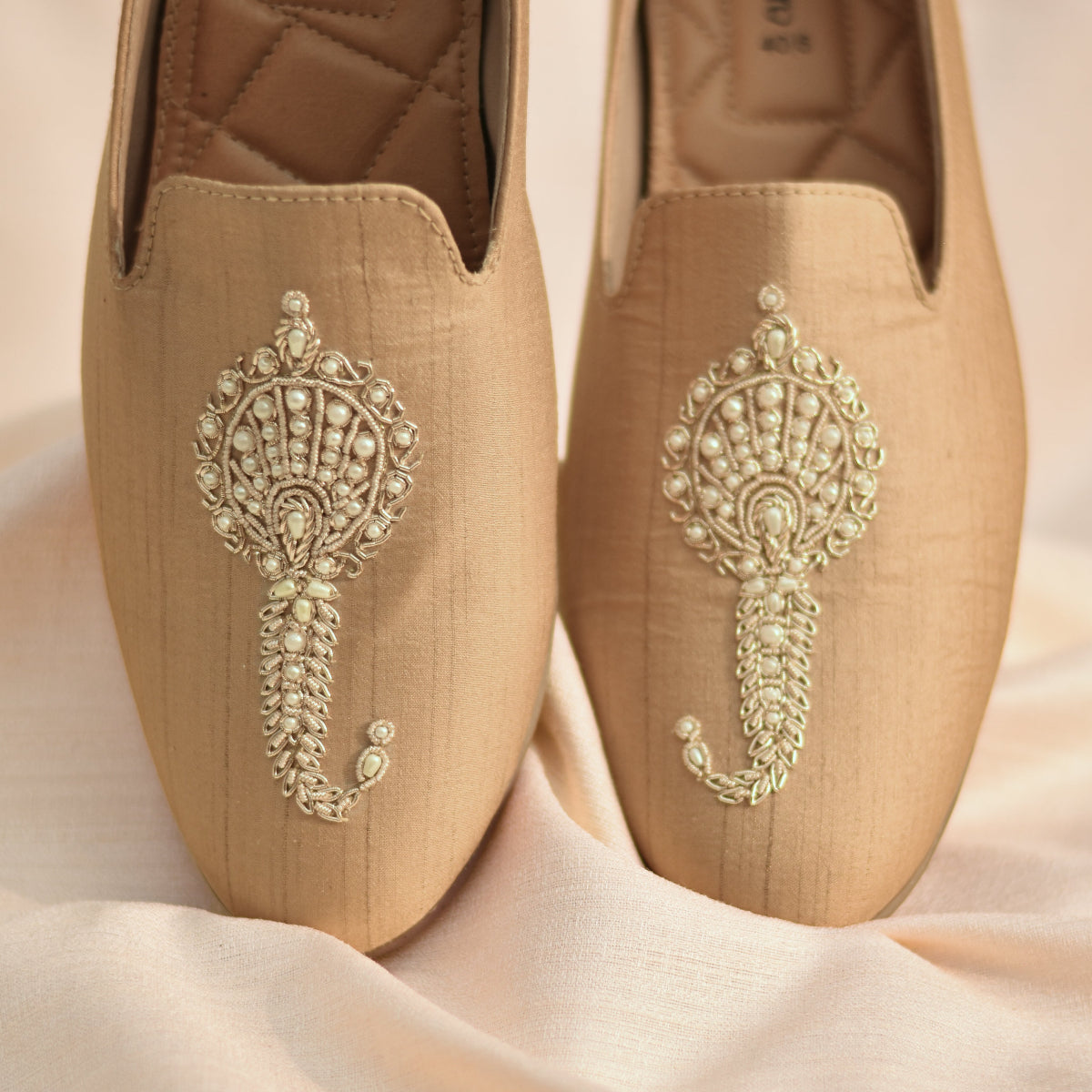 Beige embroidered Sherwani Loafers with Comfortable Cushioned Soles for Weddings