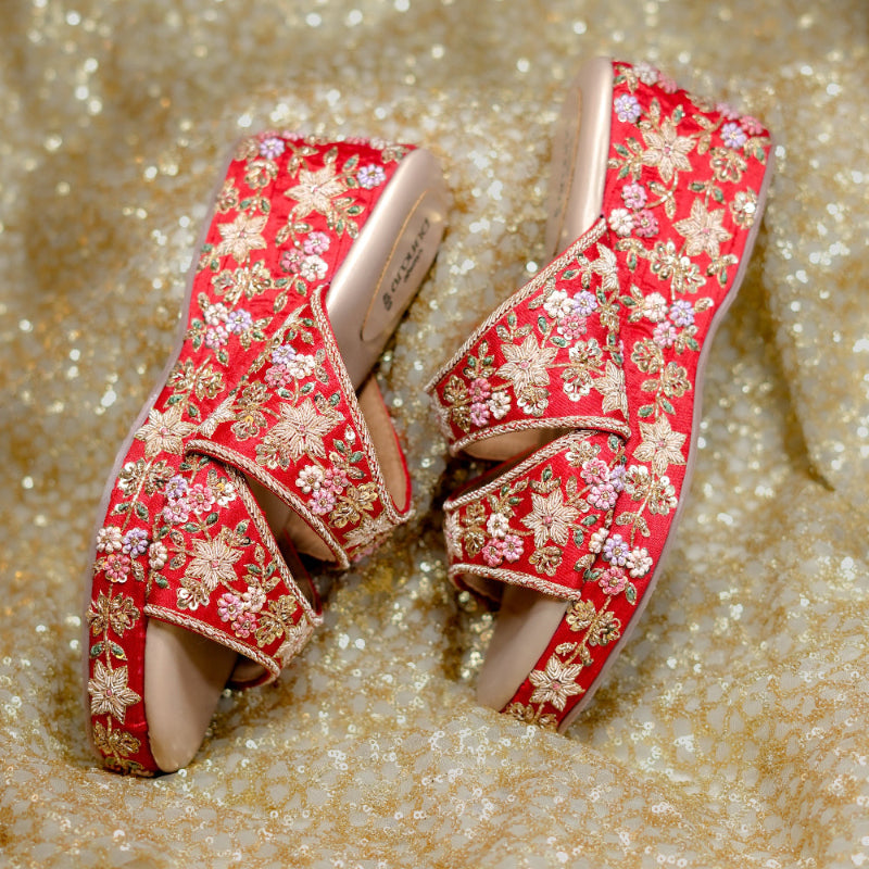 Wedding wedge sandals with handcrafted floral embroidery and bead accents.