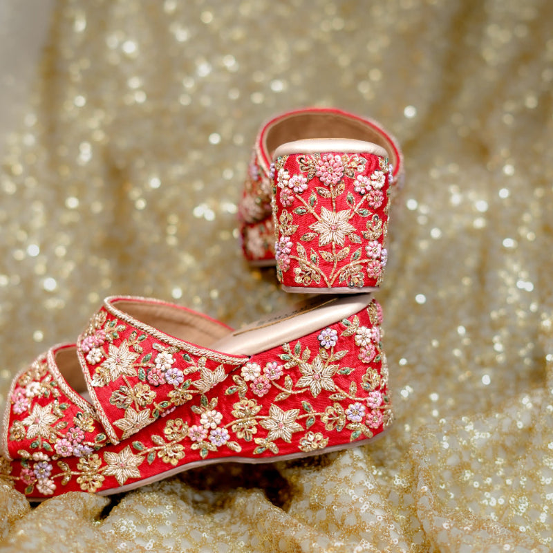 Wedding wedges with detailed floral embroidery, bead accents, and an elevated sole.
