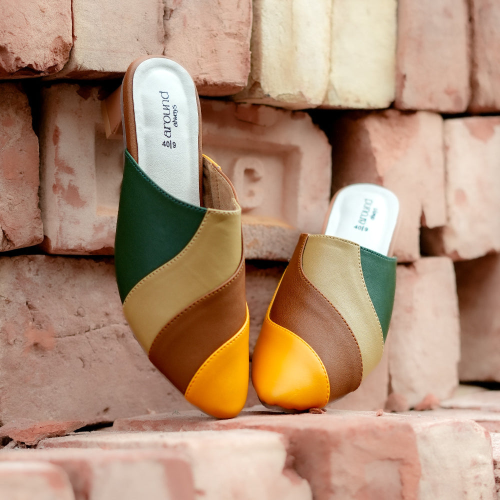 Multicolour heeled mules with green, olive, tan, and mustard wave-pattern panels