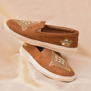 Tan suede ethnic sneakers for groom and groomsmen with mirror embroidery and golden zari work