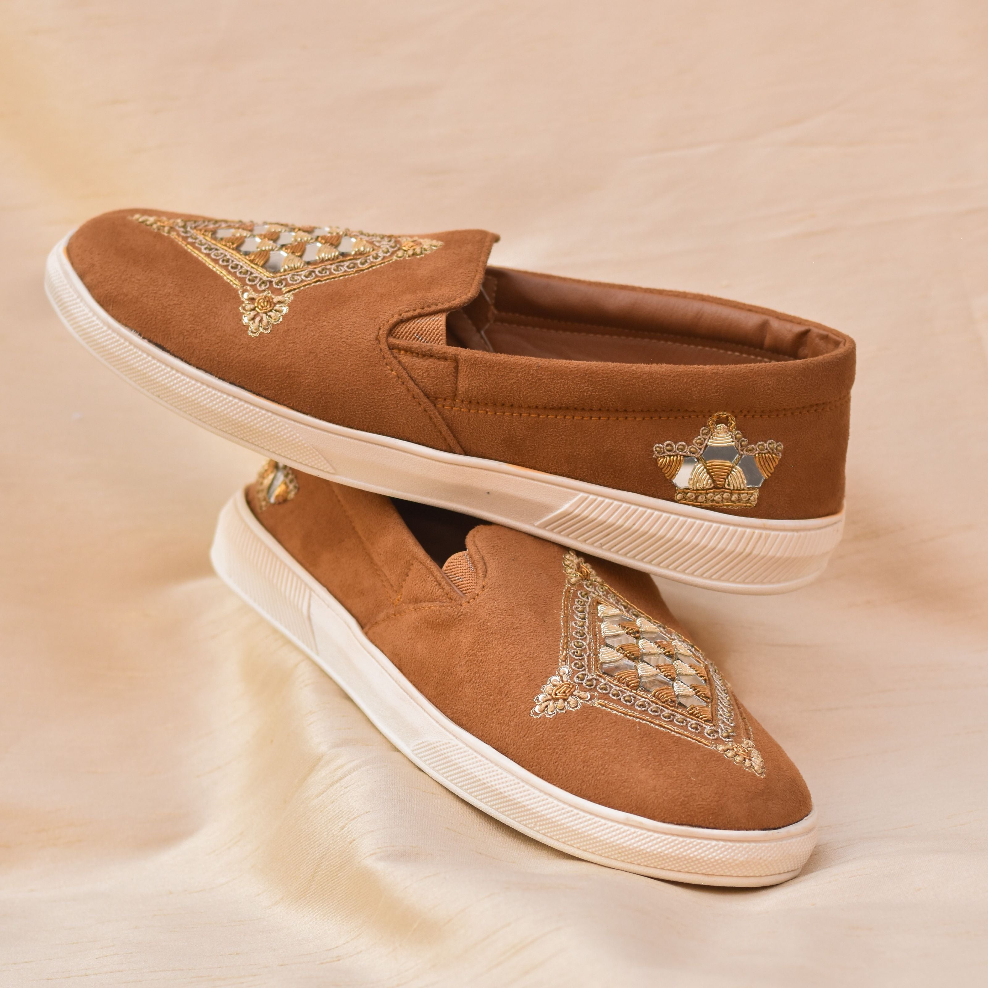 Tan suede ethnic sneakers for groom and groomsmen with mirror embroidery and golden zari work