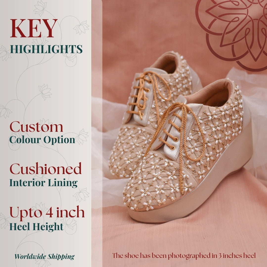 Pastel golden wedding sneakers with bead embellishments and Indian floral designs