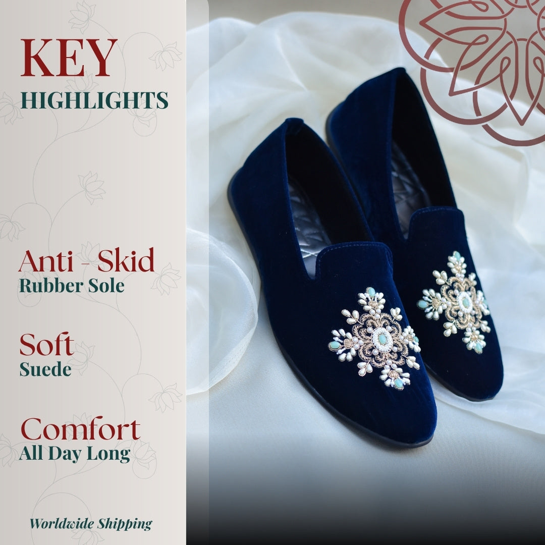 Velvet royal blue ethnic loafer with ornate centerpiece detailing