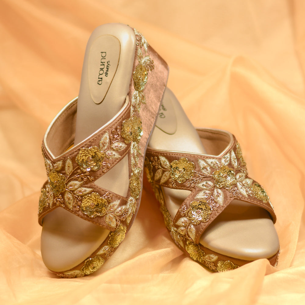 Bridal wedge sandals with gold threadwork, sequins, and elevated sole