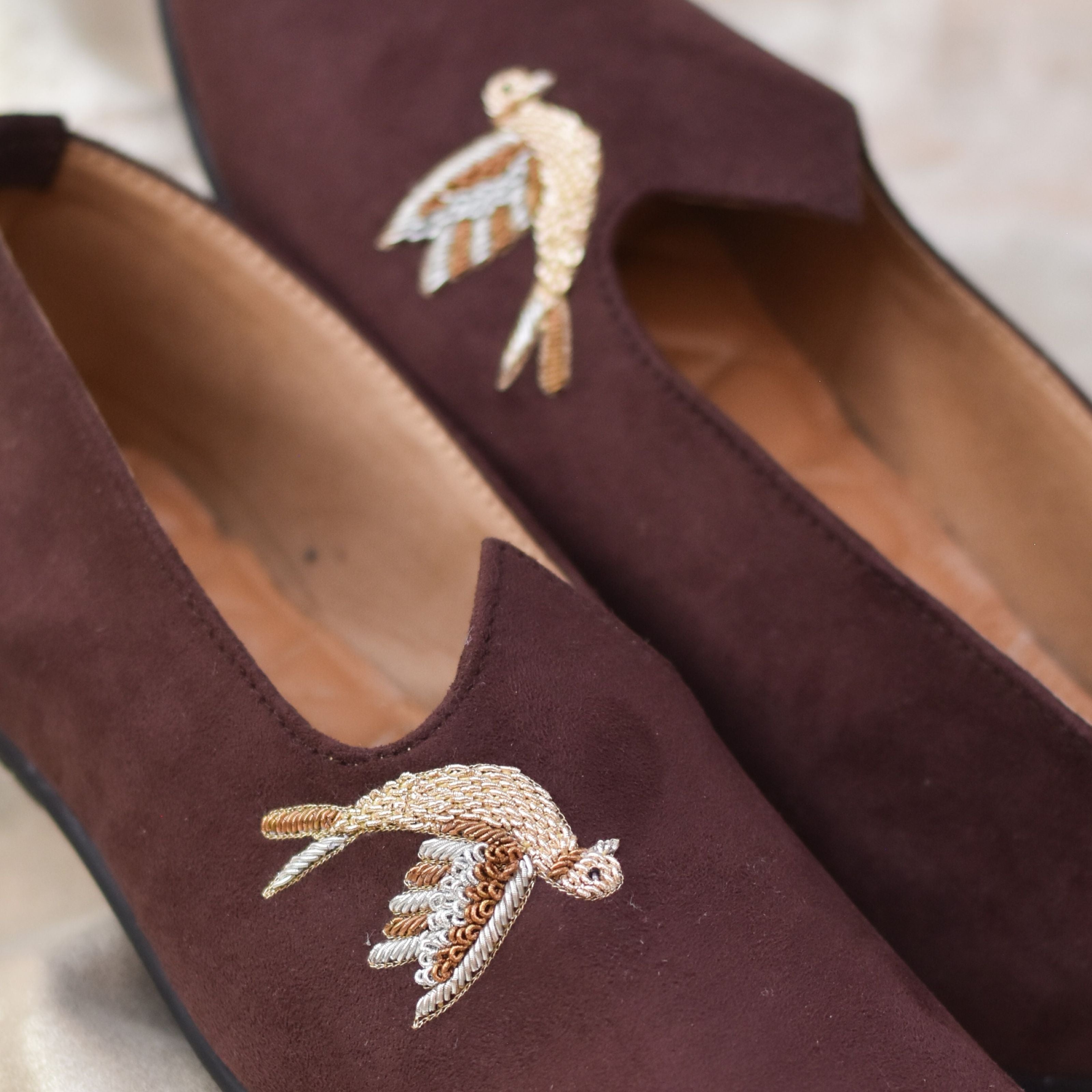 Elegant brown groom loafers with metallic bird embroidery in golden zari