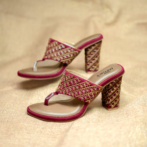 Deep maroon occasion footwear with handcrafted gold patterns and open toe style
