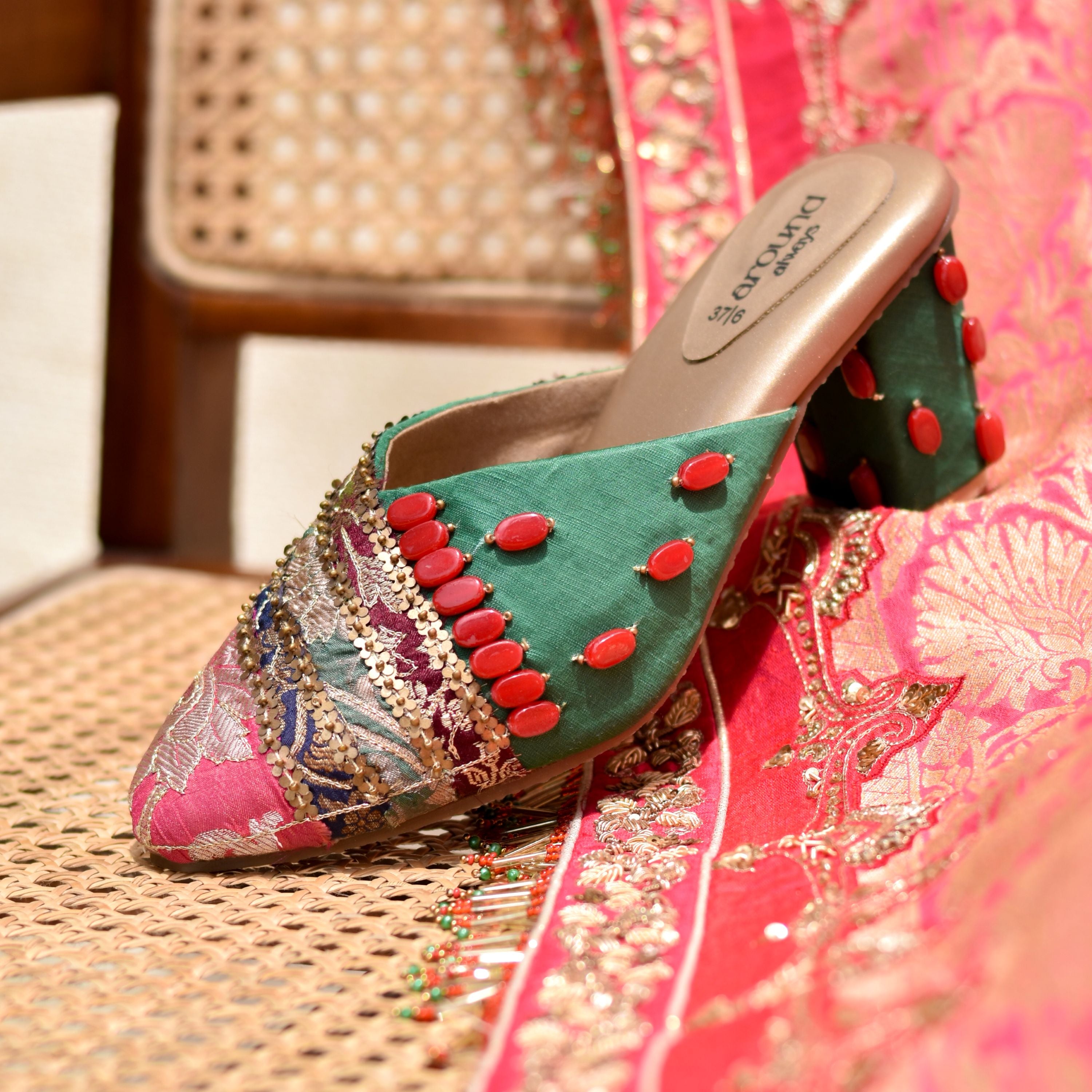 Block heel mule with multicolour brocade design and golden cushioned insole