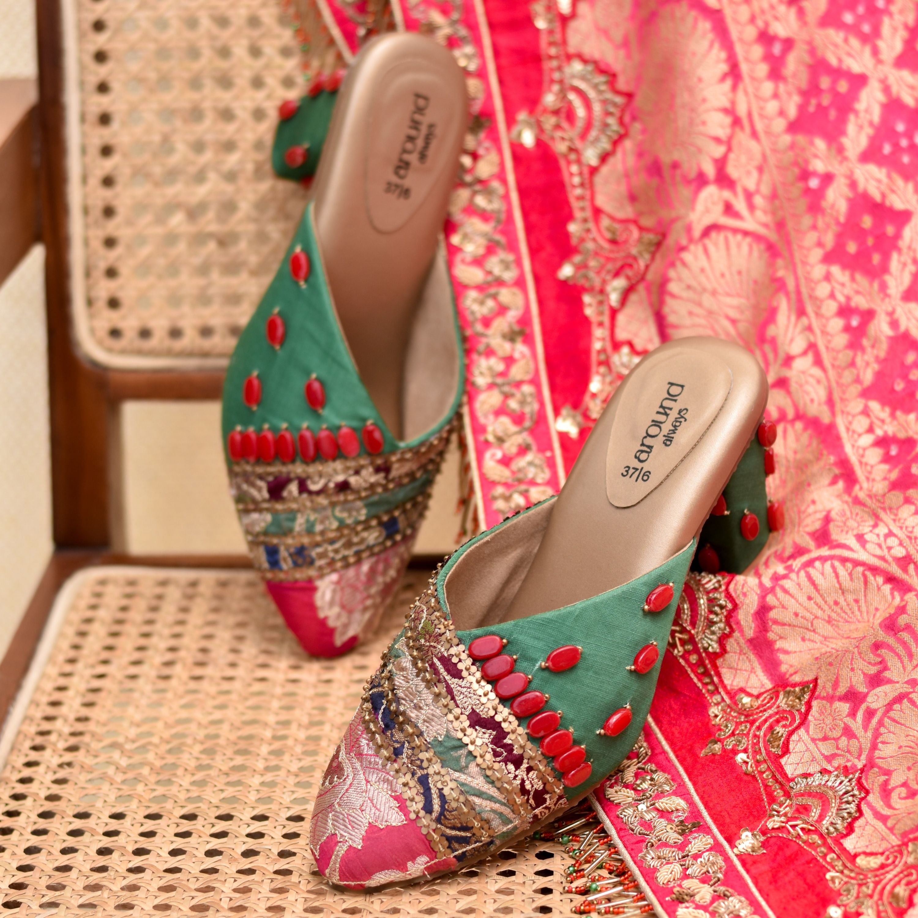 Embellished brocade heels with sequins and stones