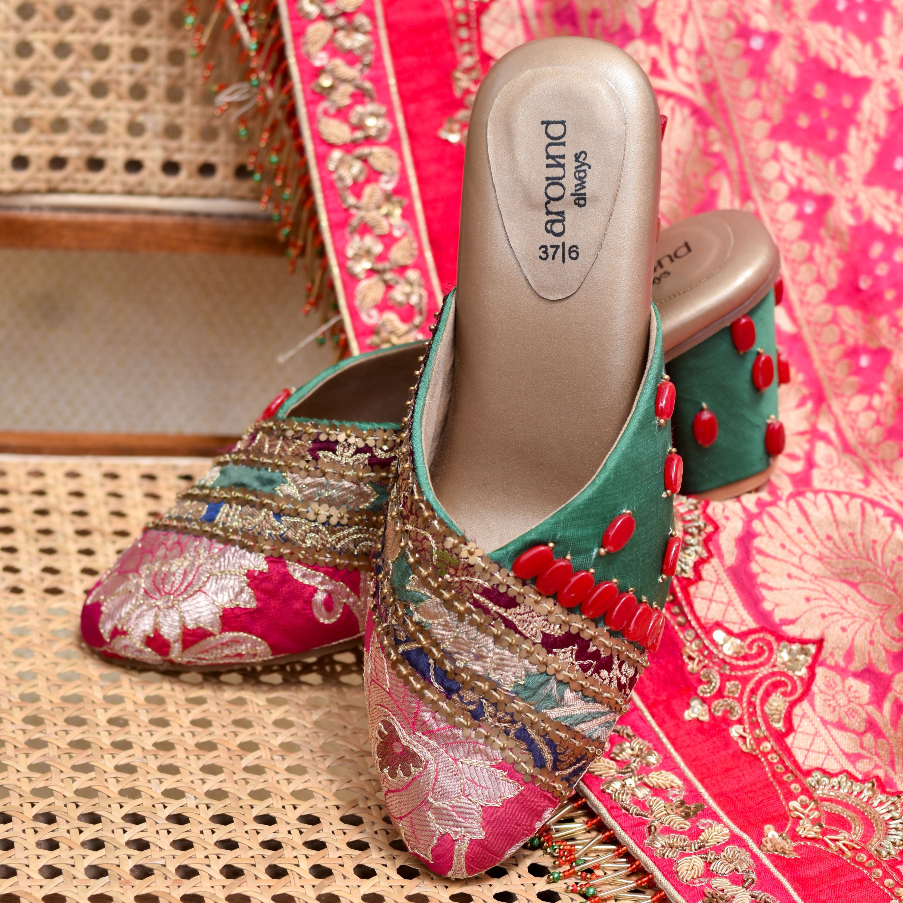 Green and Red mule heels with red stone and golden sequins