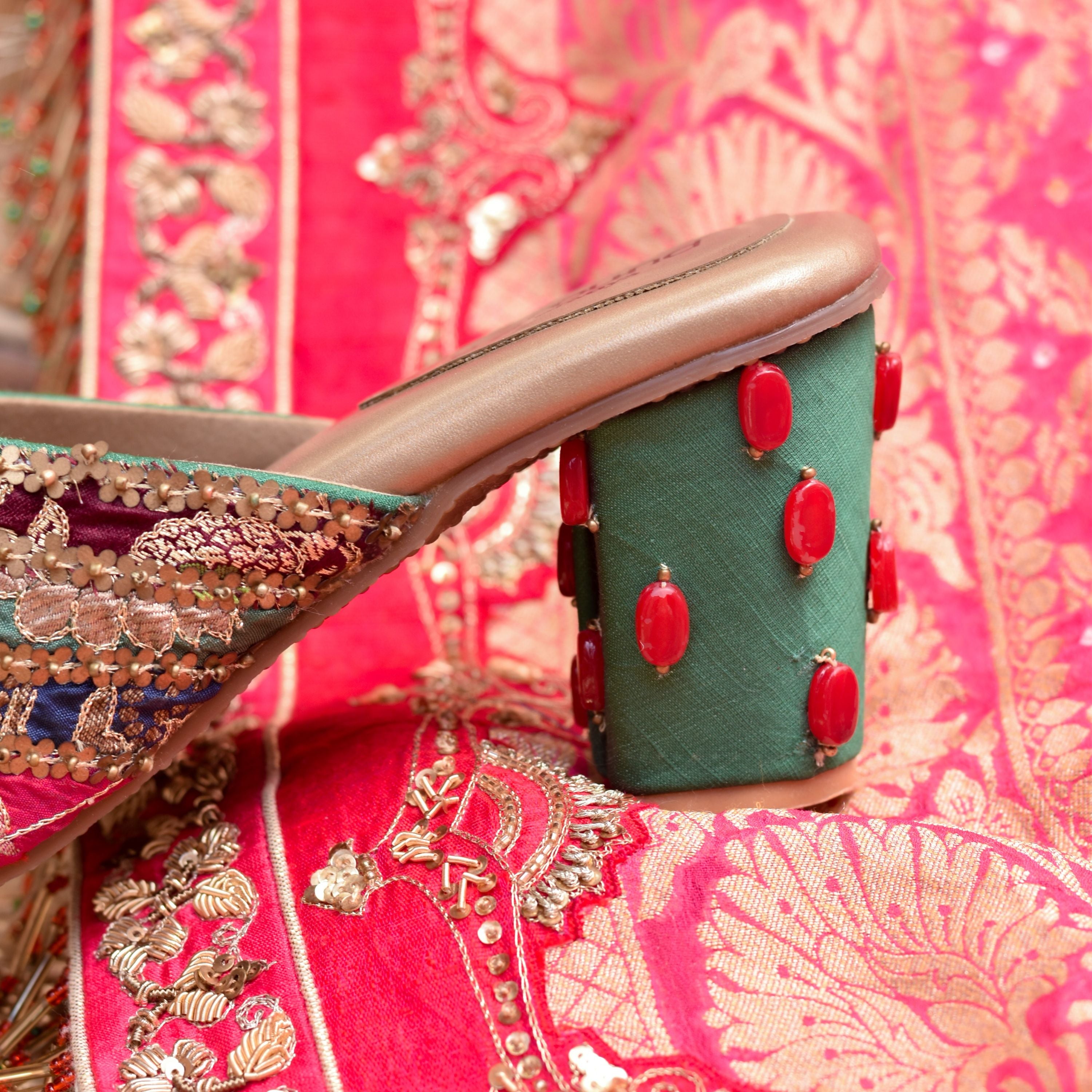 Pointed-toe festive footwear with brocade florals and block heel