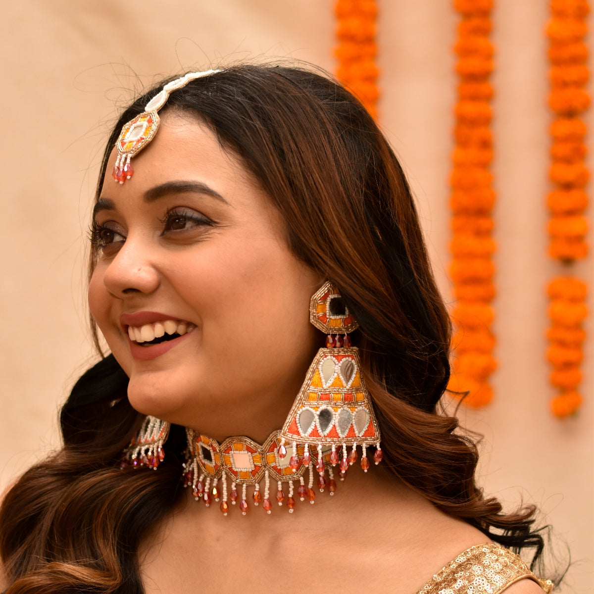 Handmade mirror work earrings and maangtika set for Indian brides