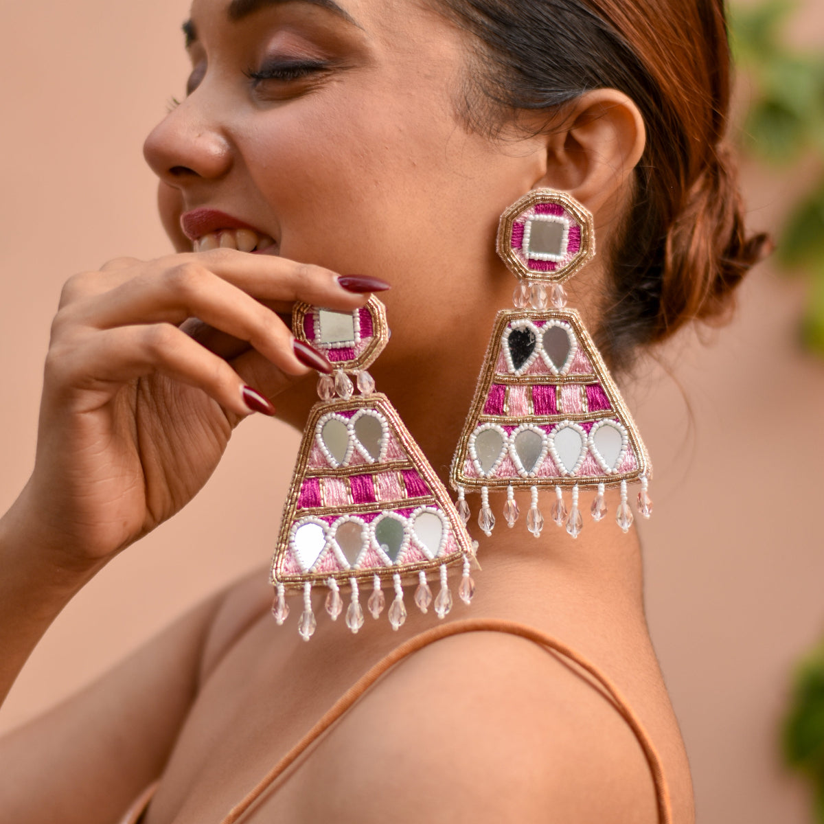 Pink mirror work and zardozi earrings for carnival, haldi and mehendi ceremonies