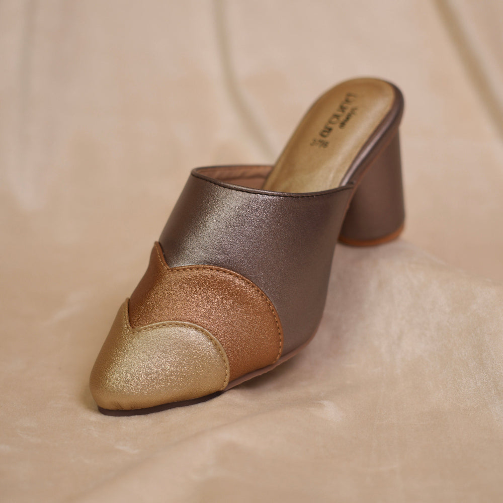 Elegant chocolate brown mule with layered tan toe detailing
