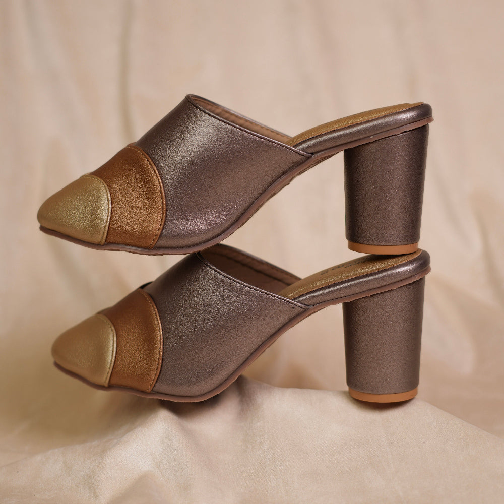 Contemporary brown and gold block heel mule
