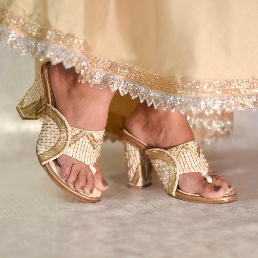 Wedding occasion ivory kolhapuri sandals with structured block heel