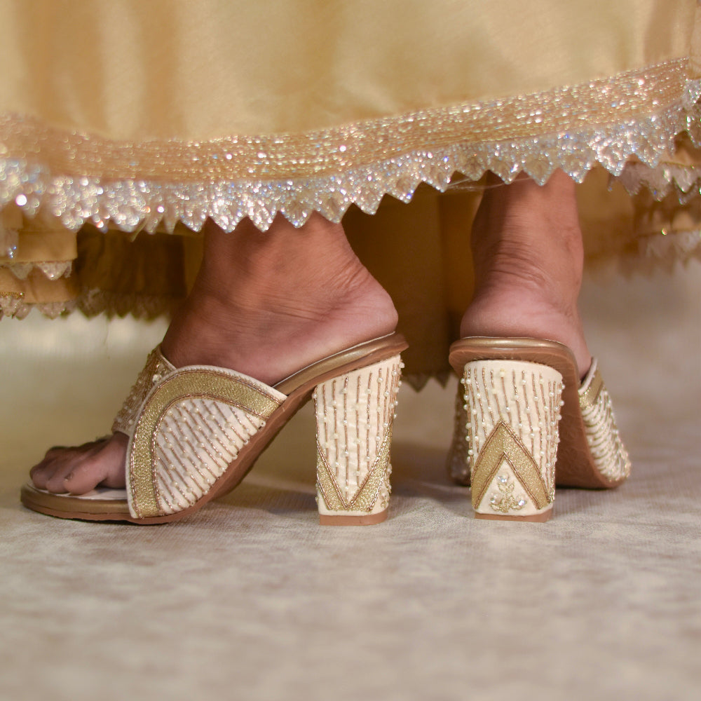 Festive ivory kolhapuri styled with golden lehenga with cushioned insole