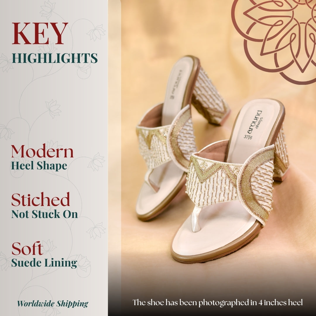 Gold embroidered block heel sandals with toe post design, textured bead detailing