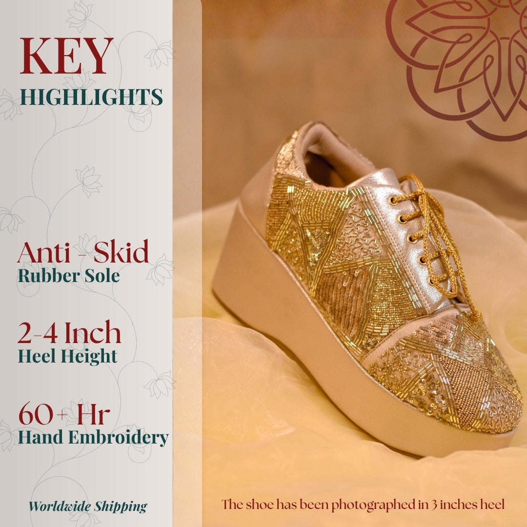 Golden embroidered wedding sneakers with custom heel height and colour option