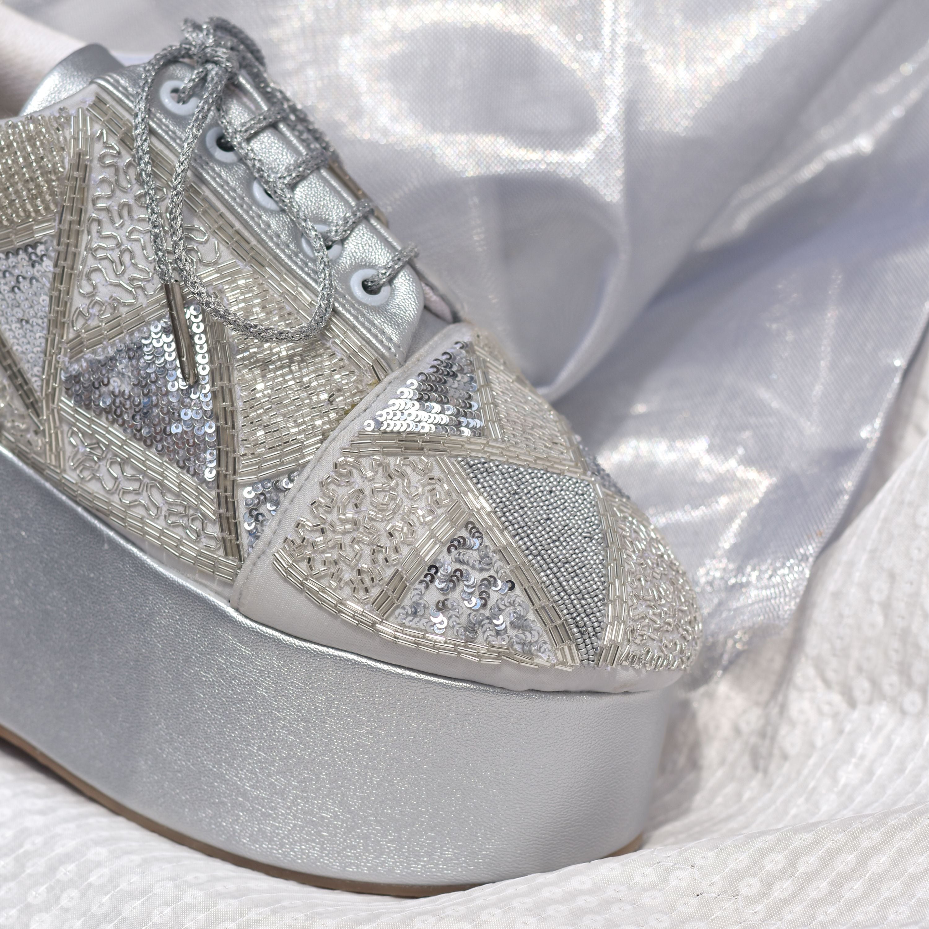 Statement silver wedding footwear with sparkling embroidery