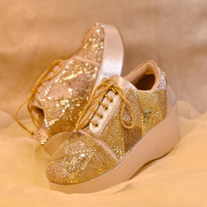 Stylish embroidered golden bridal sneakers with heels