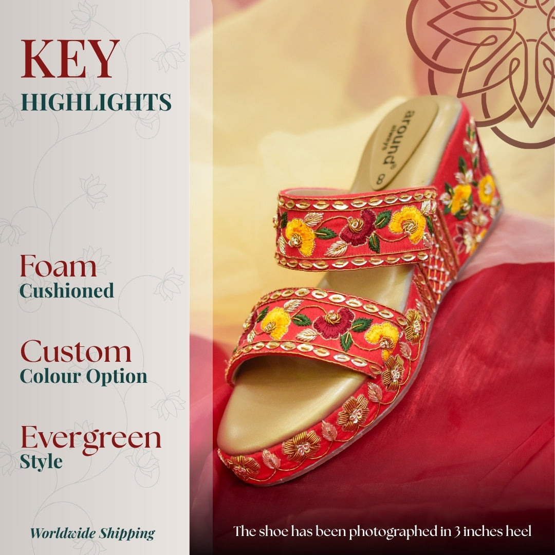 Red floral embroidered festive wedge sandals
