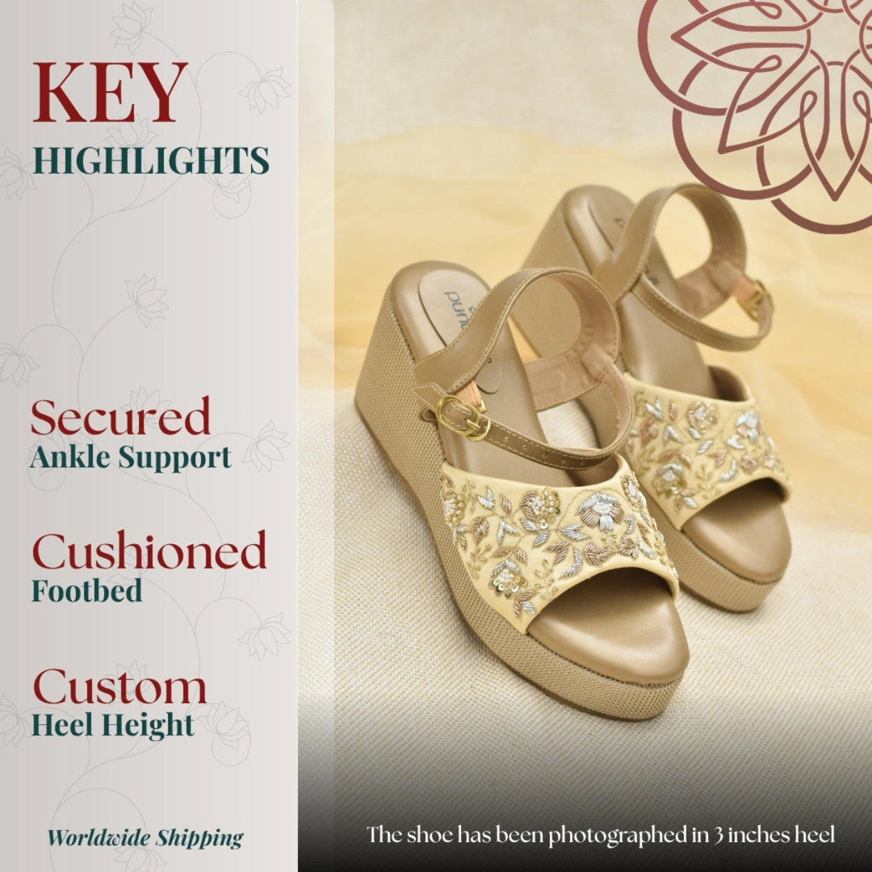 Beige wedges with ankle strap ,floral embroidery 