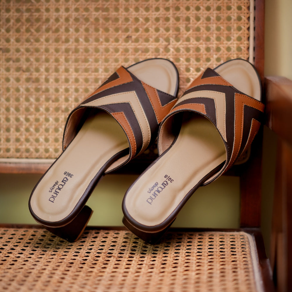 Tan and brown open-toe mule with block heel

