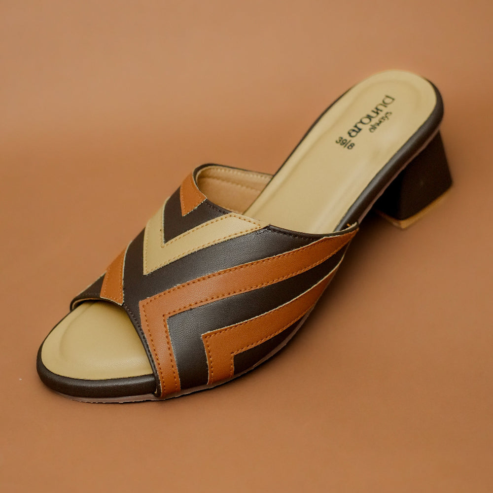 Brown and tan geometric strap mule for women
