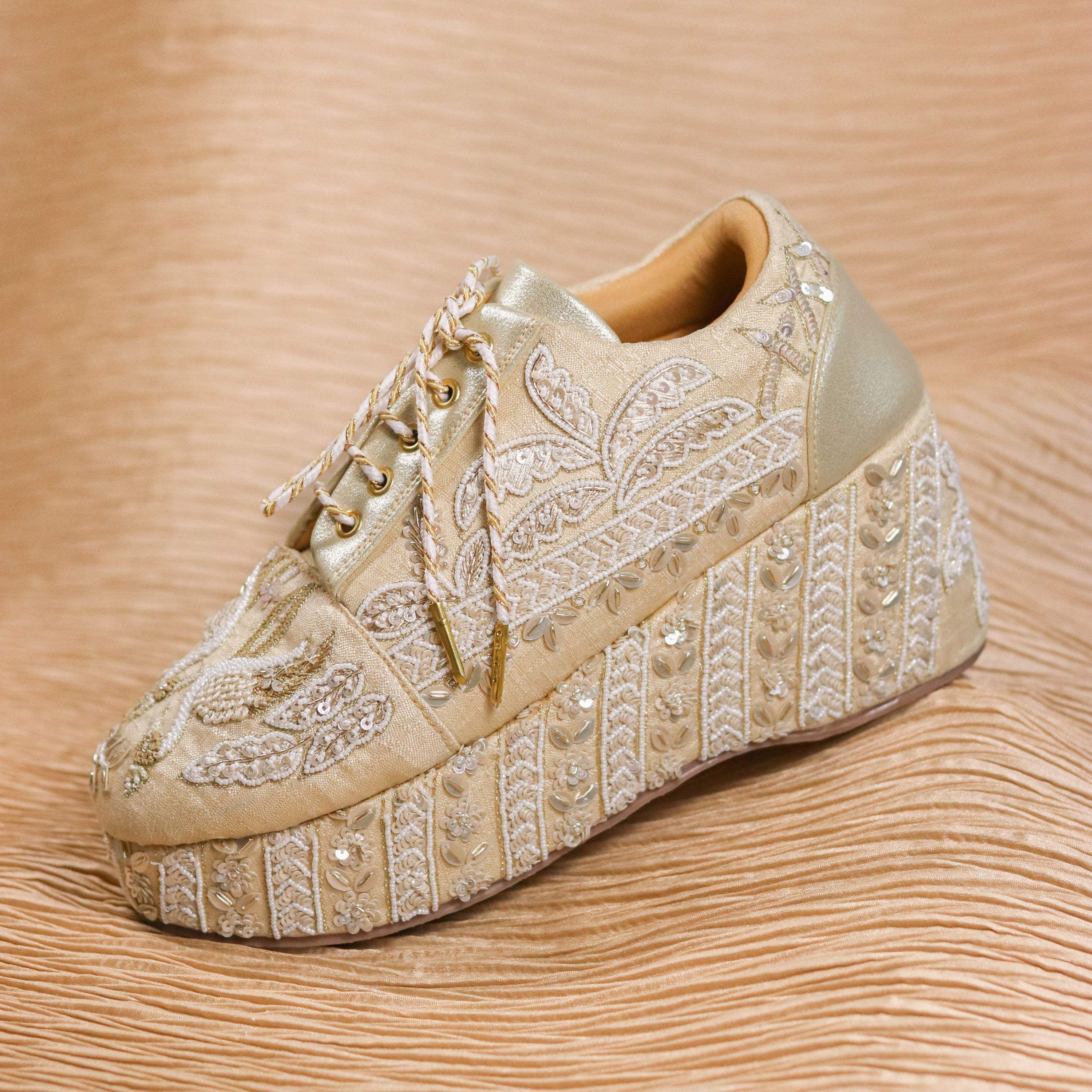 Gold bridal footwear with Thread and sequins nature inspired motifs
