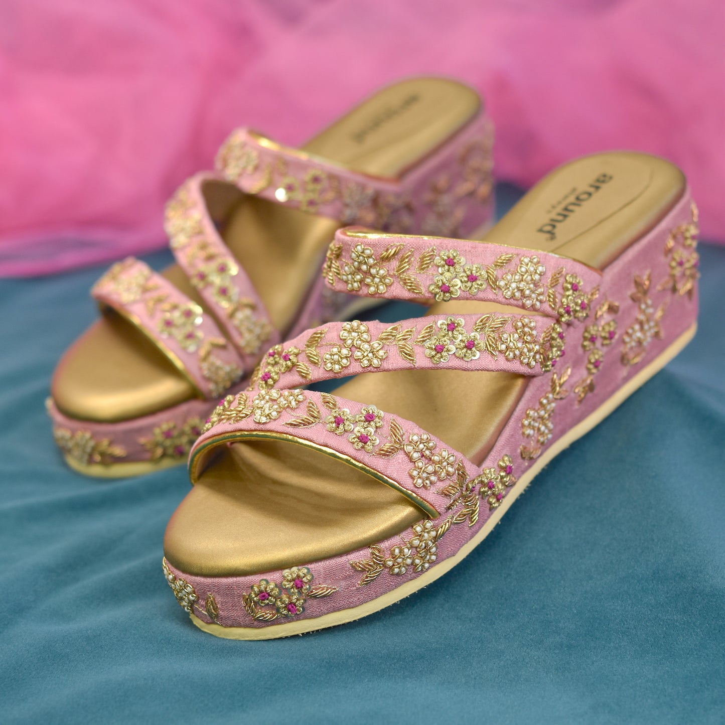 Pink embroidered wedges for Indian bride
