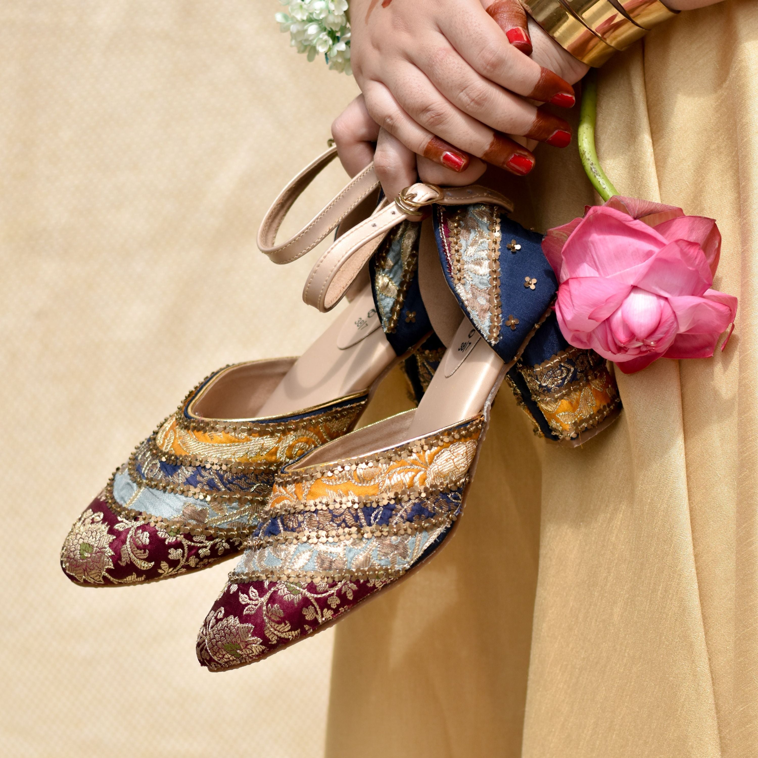 Multicolour brocade ankle-strap heels with maroon, mustard, and blue panels