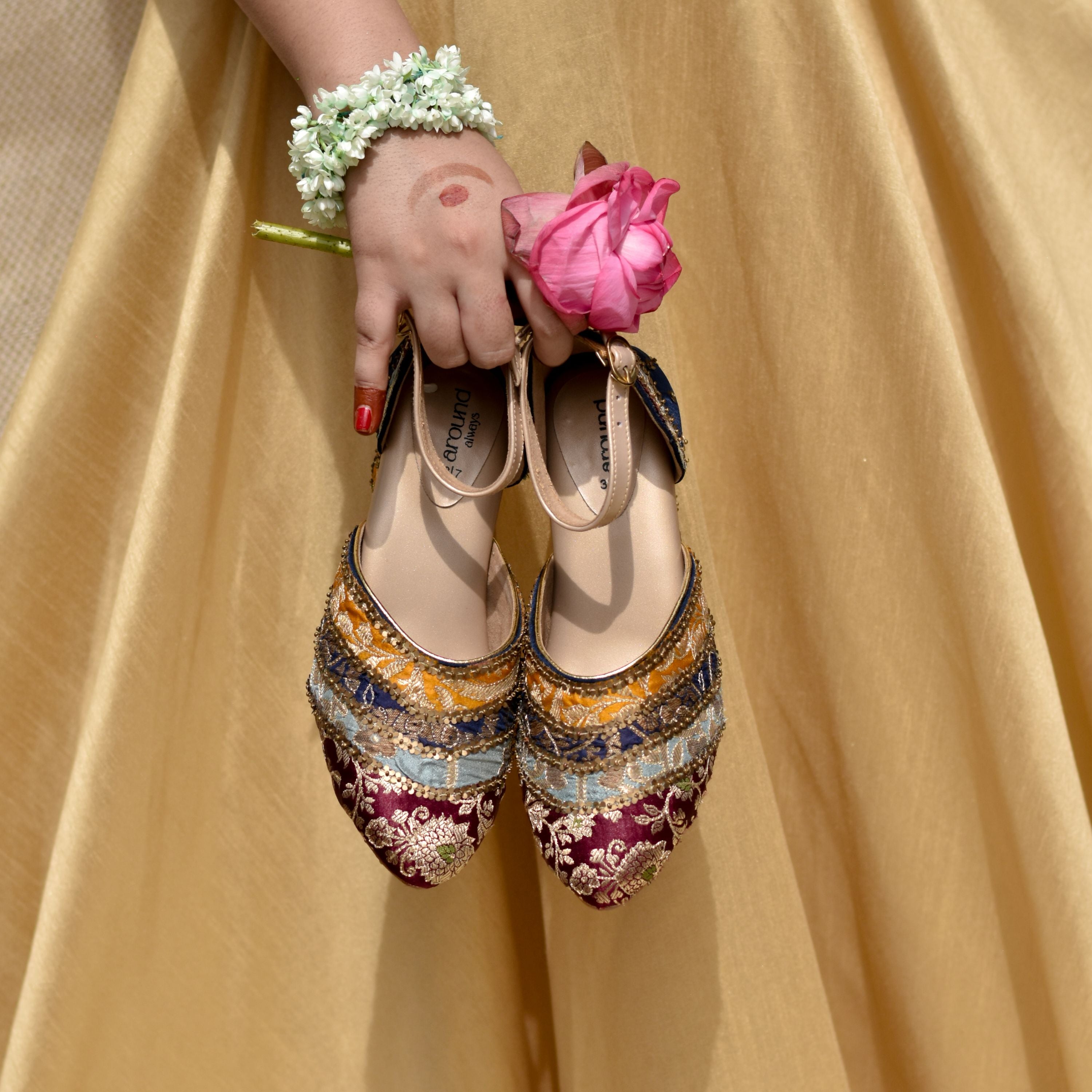 Women’s ankle-strap block heels with maroon base and multicolour accents