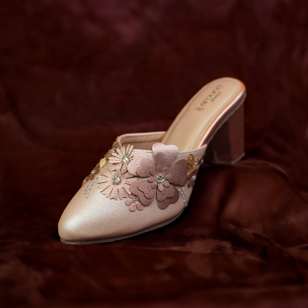 Rose-gold floral embellished pointed-toe mule by Around Always
