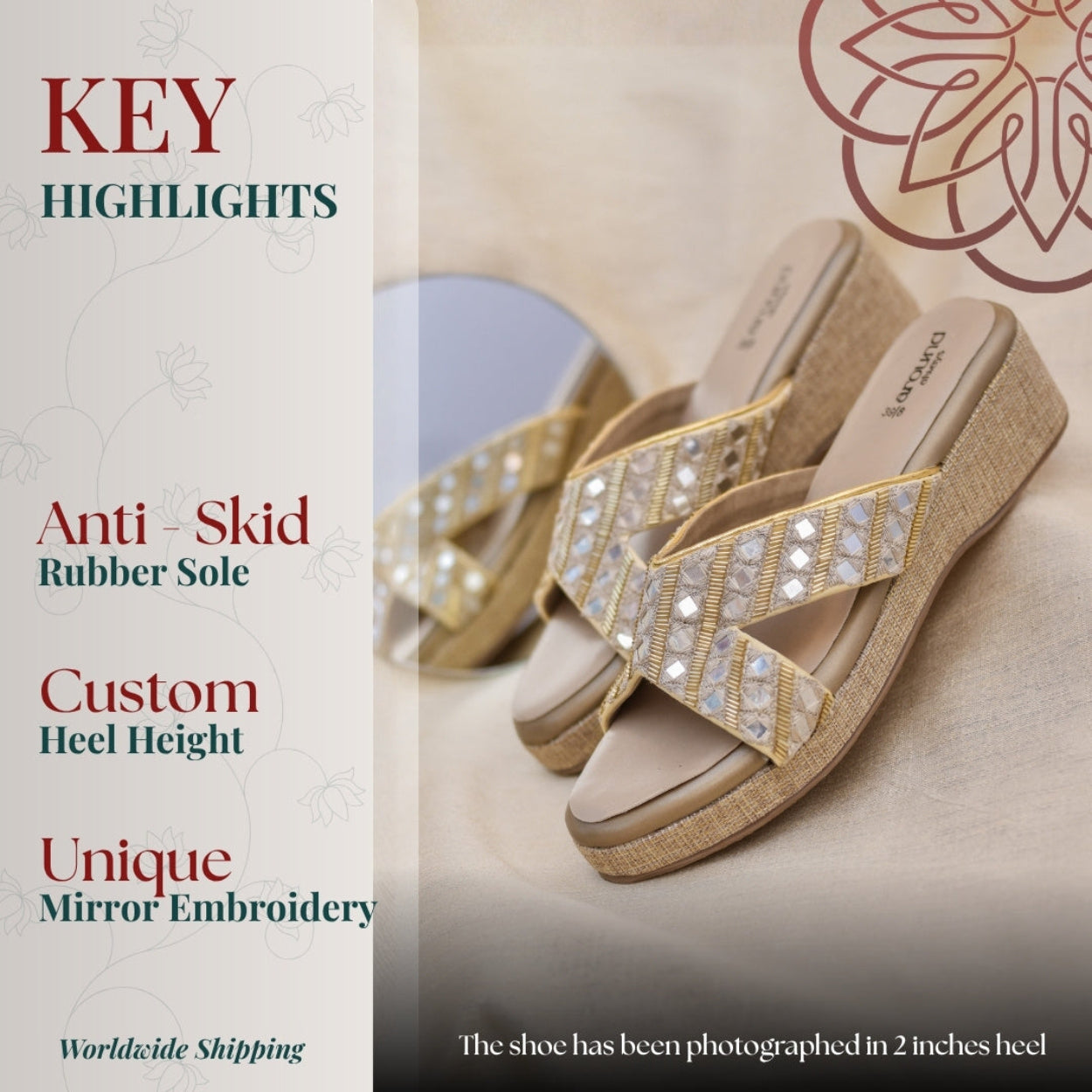 Beige mirror work wedge sandals with cross strap design for comfort long time