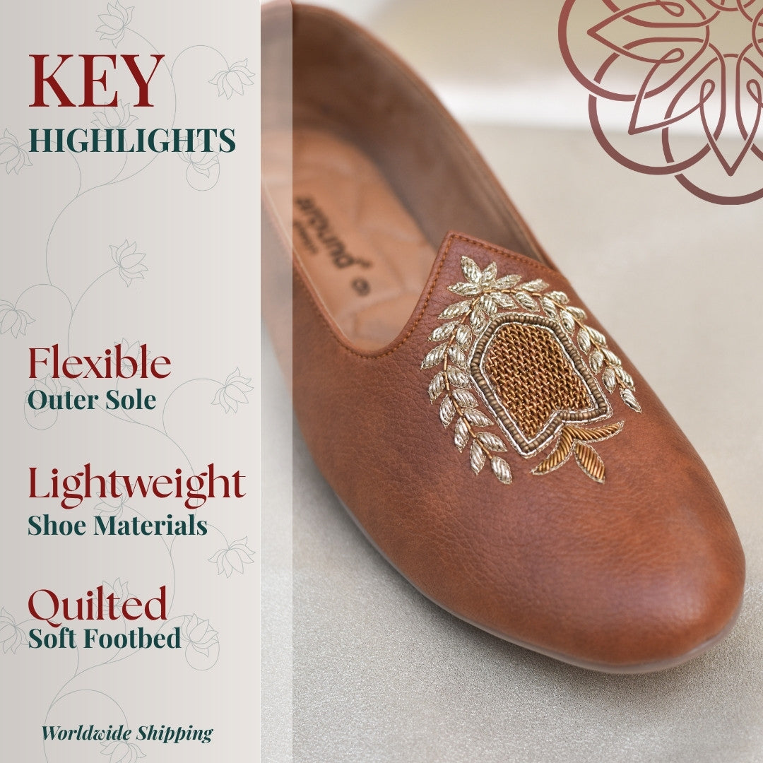 Flexible sole vegan tan brown mojris for groomsmen to wear at Indian weddings under kurta pyjama