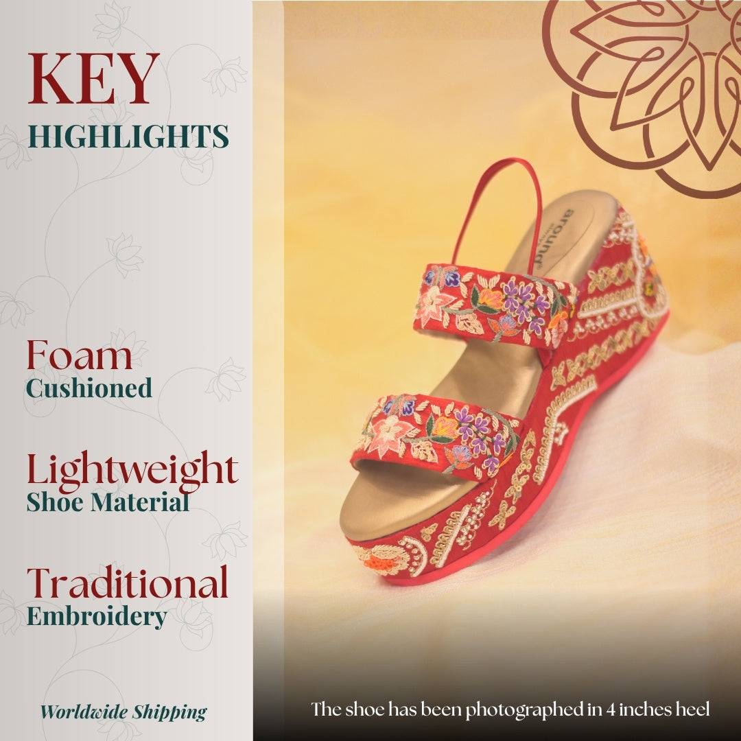 Traditional embroidered wedges sandals with cushioned sole and bold red base