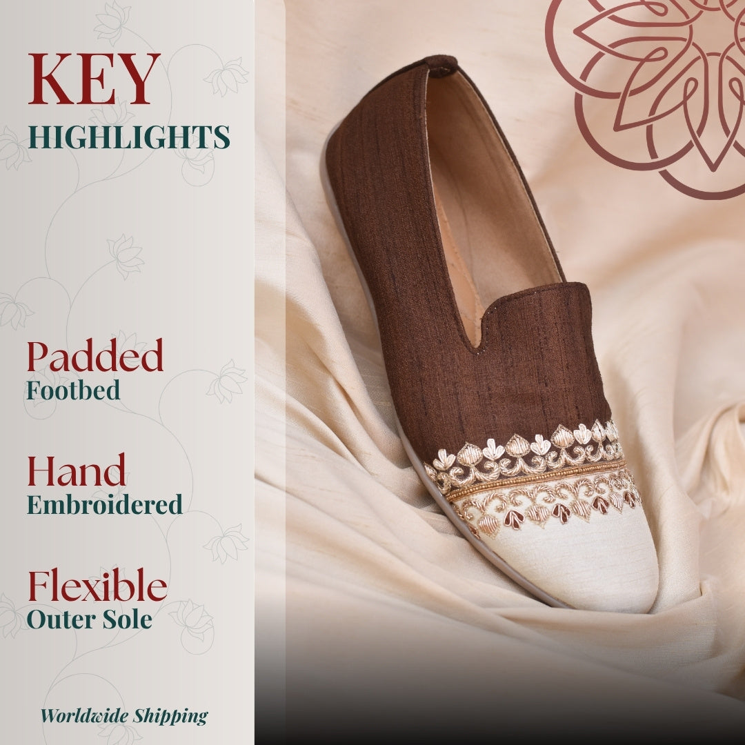 Brown dual tone embroidered loafer flats with handcrafted border detailing