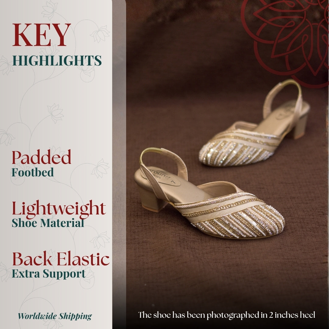 Festive gold sling back footwear with textured embellishment and support